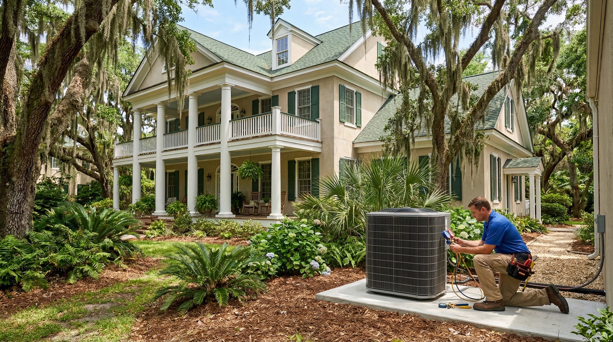 HVAC technician beside new system outside Savannah GA suburban home, coastal Georgia neighborhood, green lawn, concrete pad