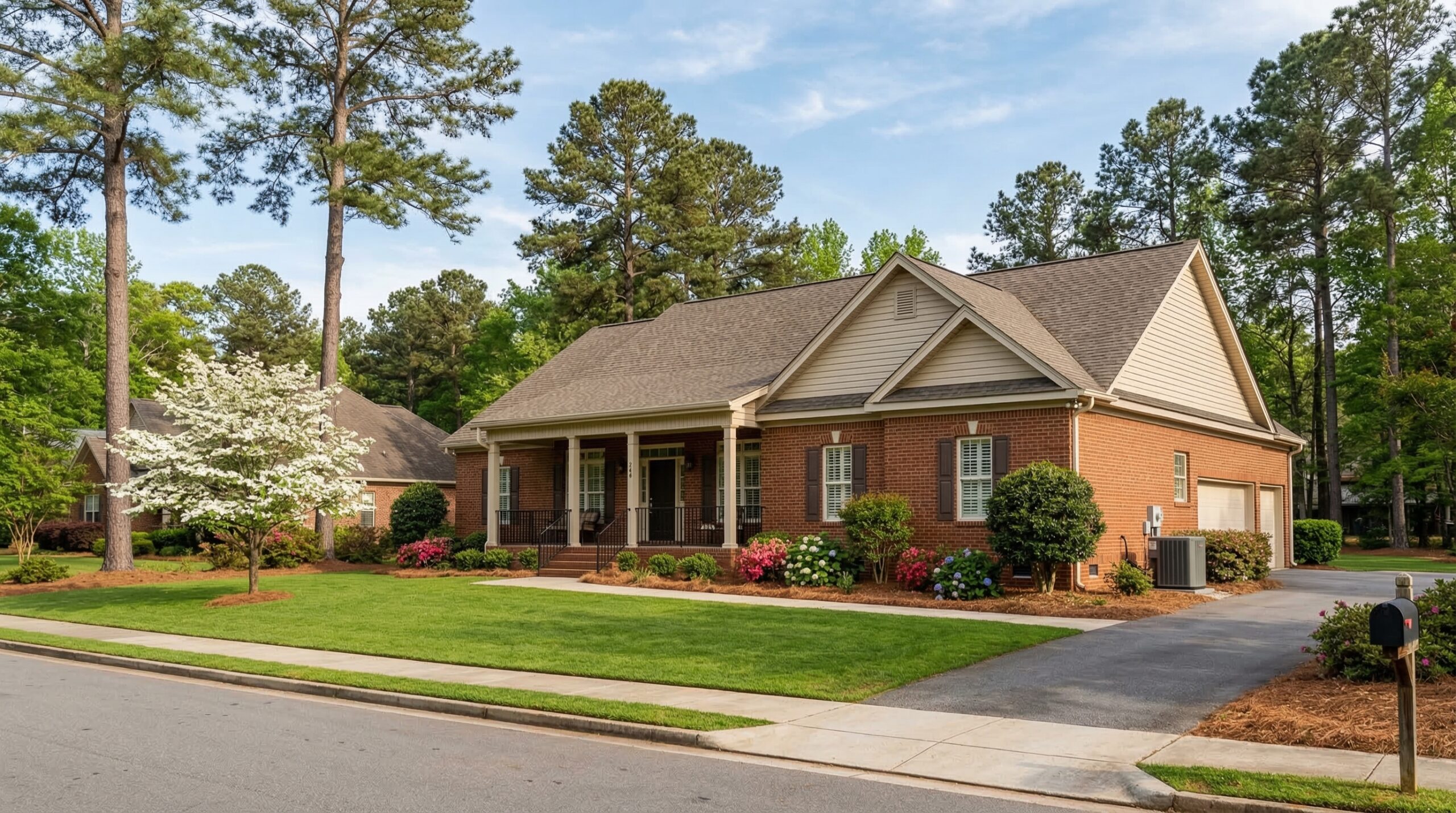 South Carolina brick ranch home with an AC condenser, loblolly pines, and a covered front porch