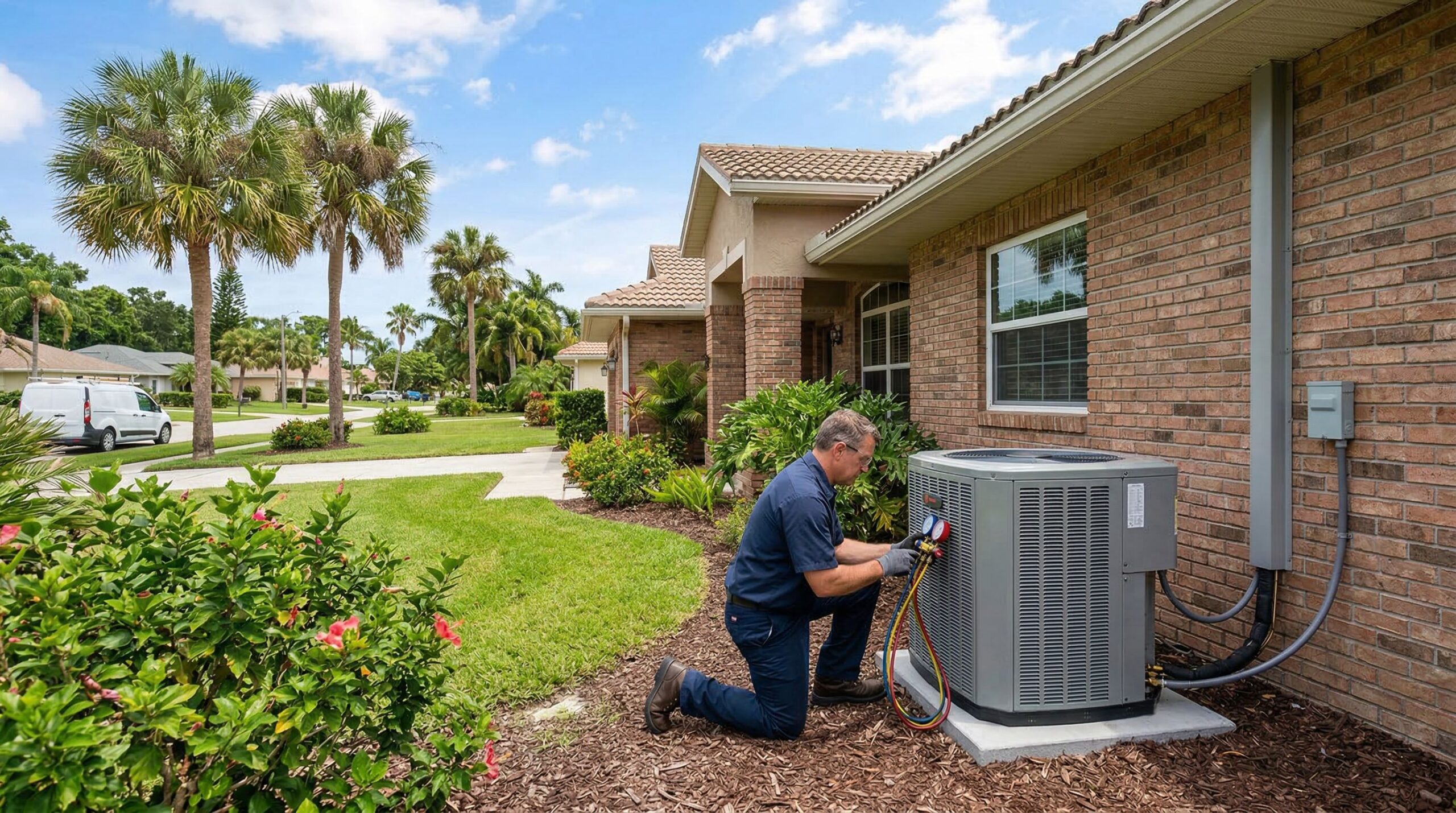 HVAC technician beside new system outside Tampa FL suburban home, green lawn, concrete pad, vinyl siding