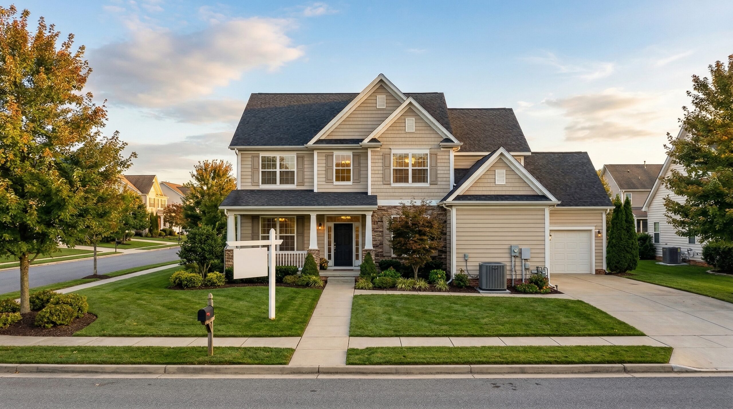 Suburban home with real estate for-sale sign and HVAC condenser unit on the side of the house