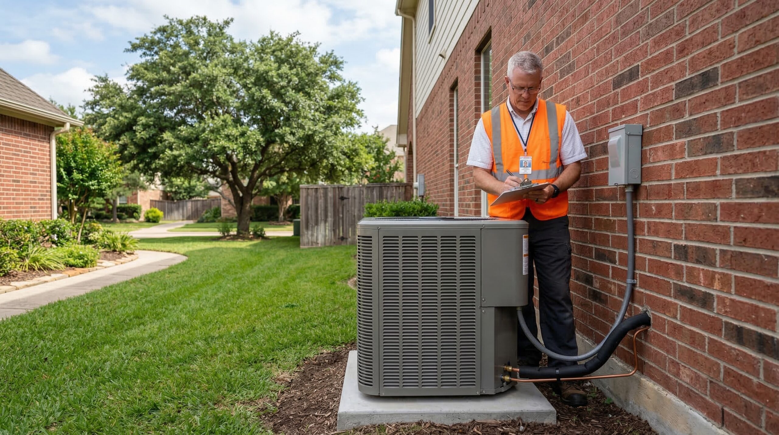 City building inspector examining a new AC condenser and its electrical disconnect