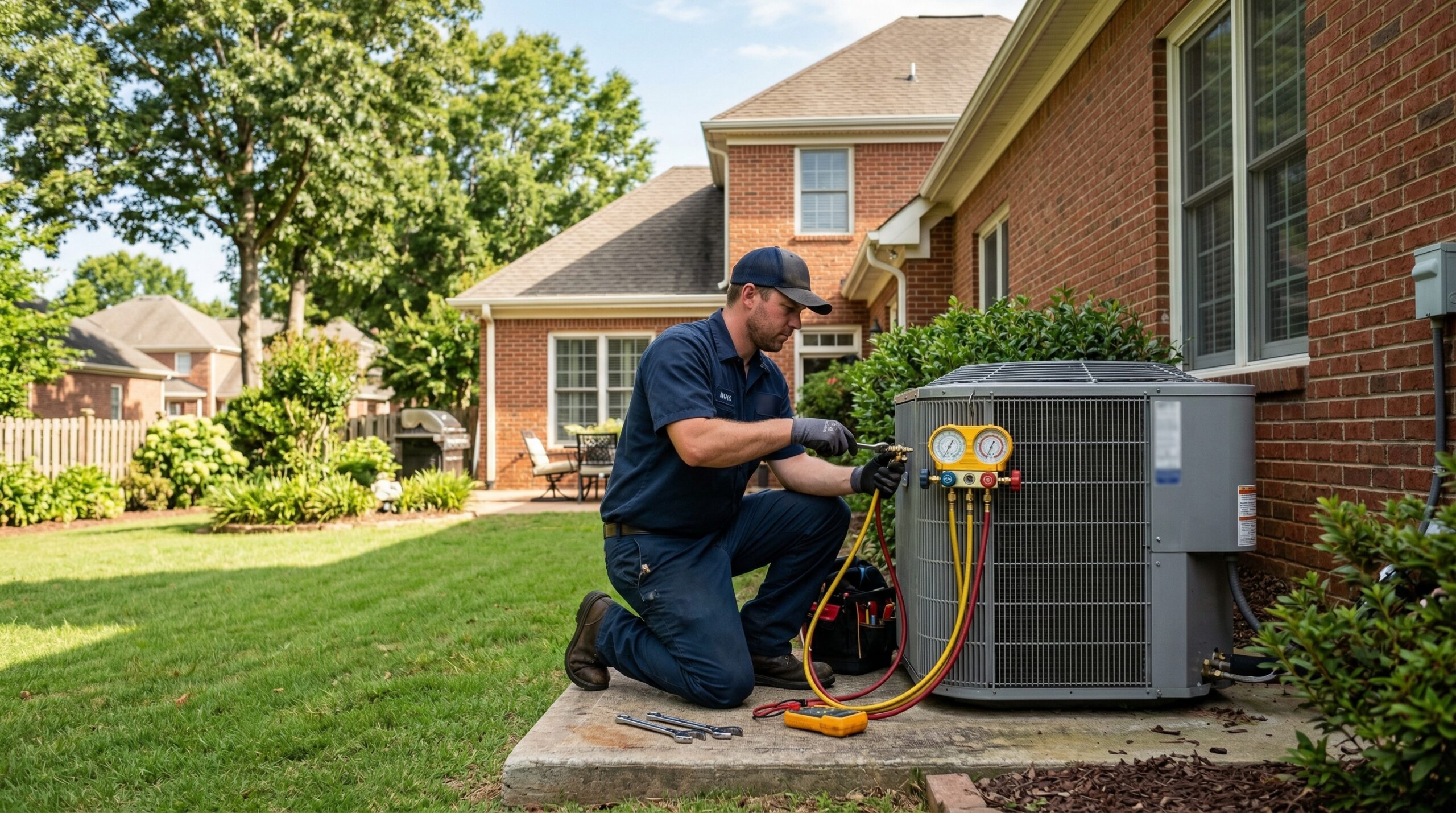 HVAC technician servicing outdoor condenser unit at Rock Hill SC residential home
