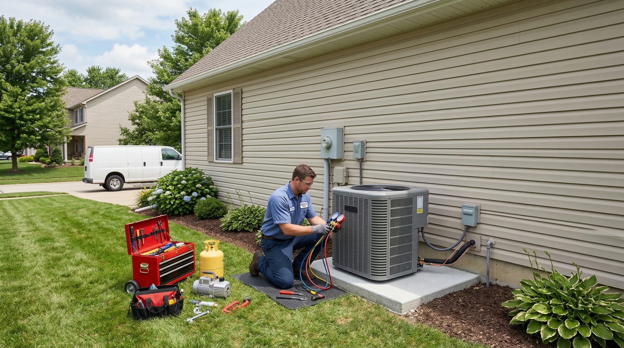 HVAC technician installing new air conditioning system beside suburban American home, vinyl siding, green lawn, concrete pad
