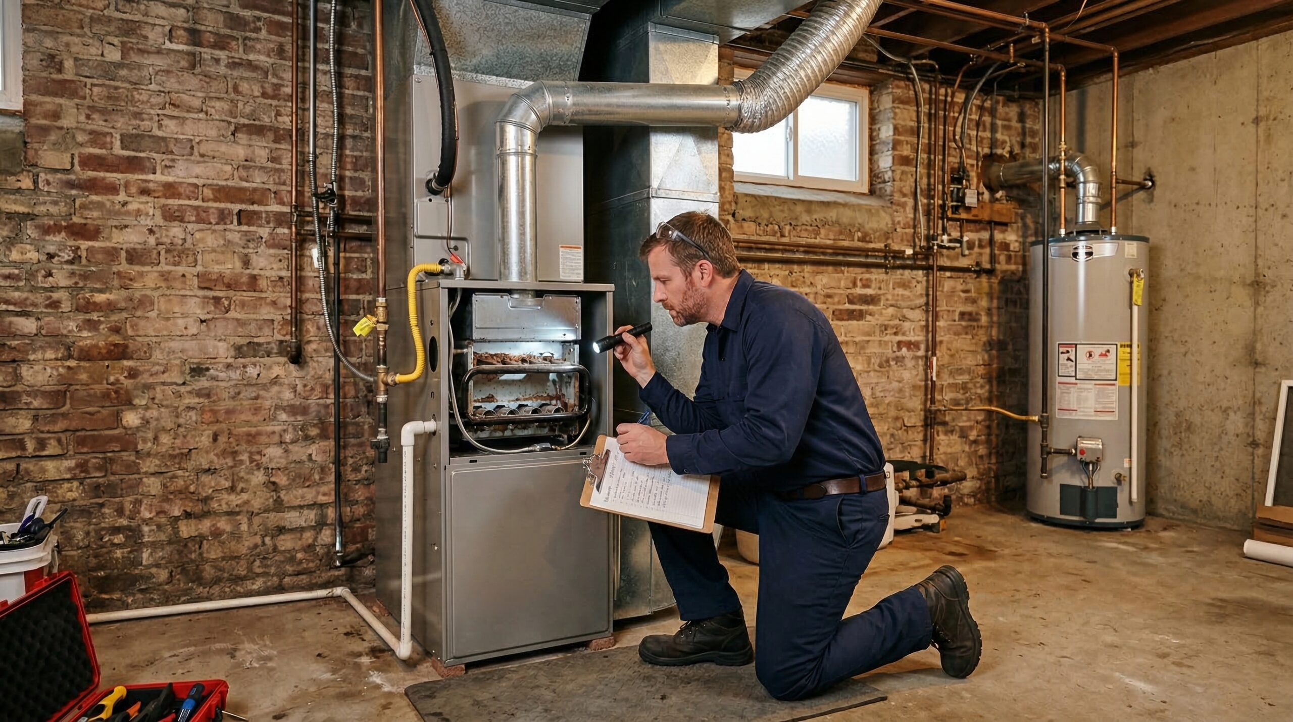 HVAC technician inspecting a gas furnace in a home utility room, Louisville Kentucky residential setting
