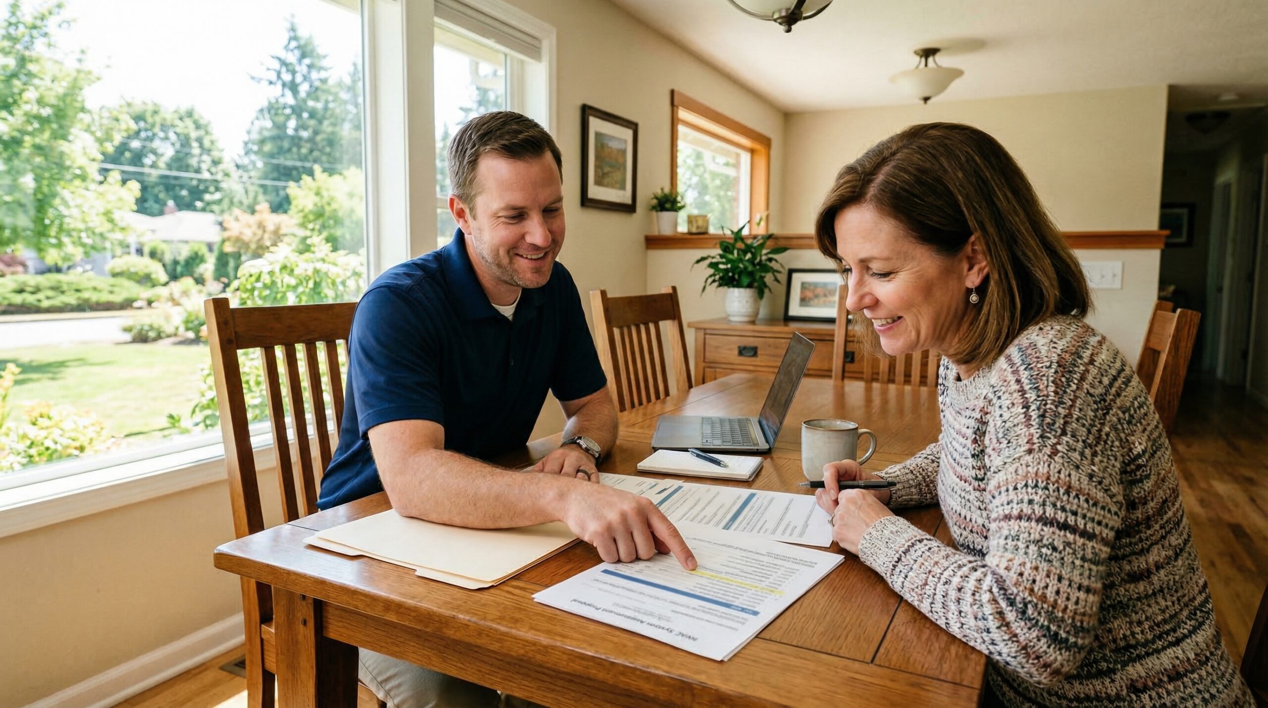 Homeowner adjusting smart programmable thermostat on wall of modern home to maximize HVAC efficiency and compare SEER rating costs