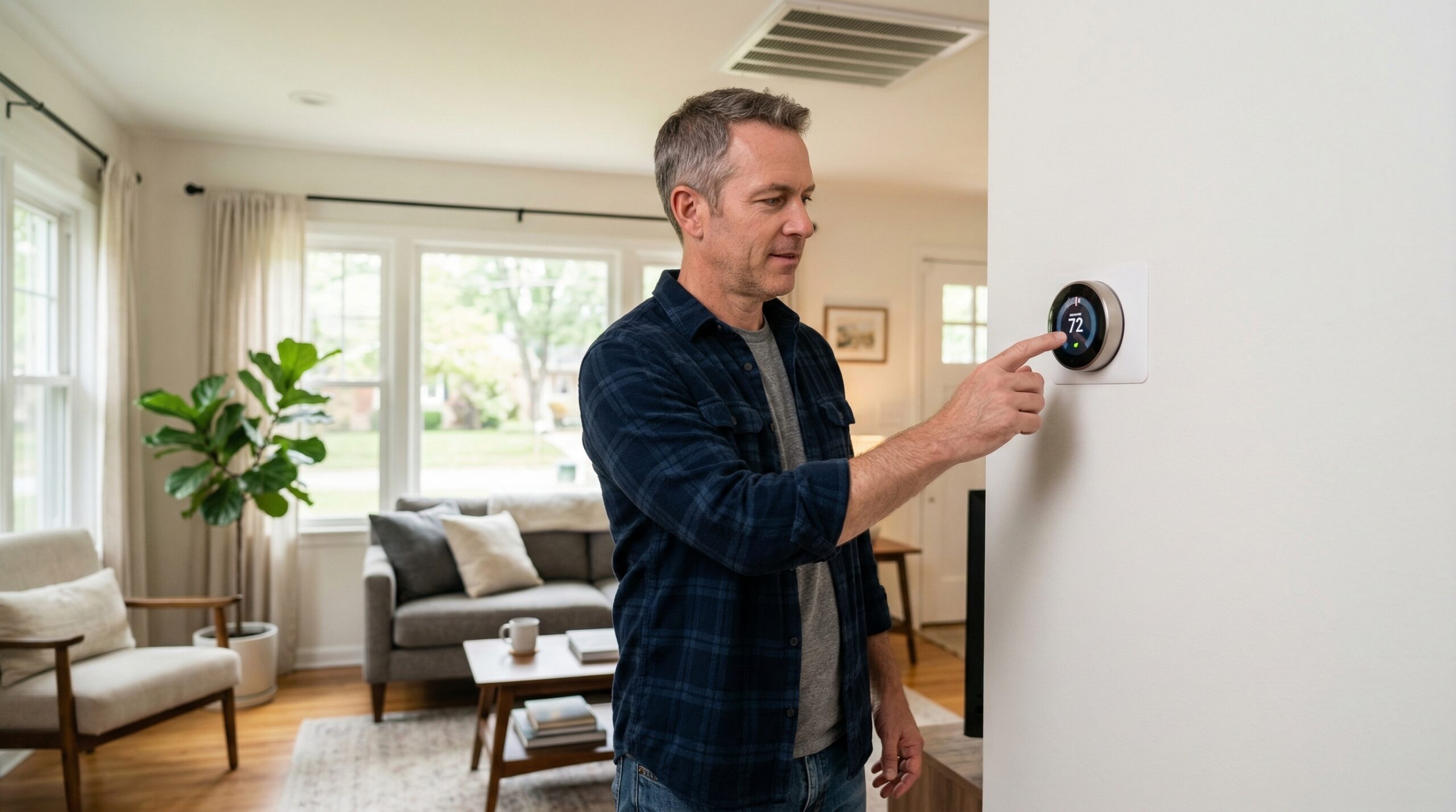 Homeowner adjusting smart thermostat on modern wall in residential home interior