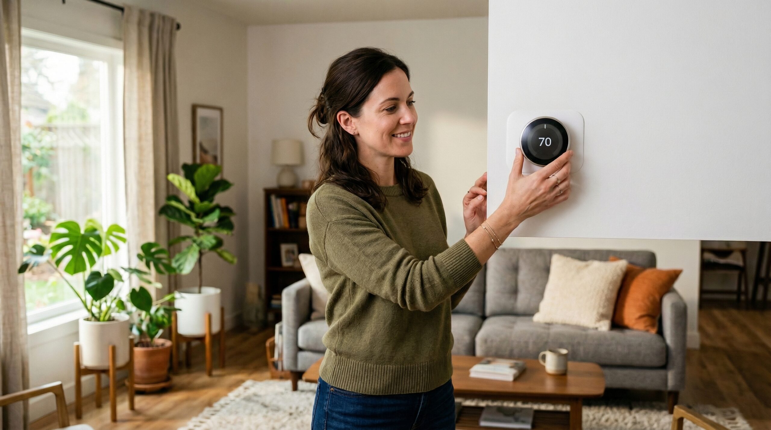 Homeowner adjusting smart thermostat on living room wall representing variable-speed HVAC comfort benefits