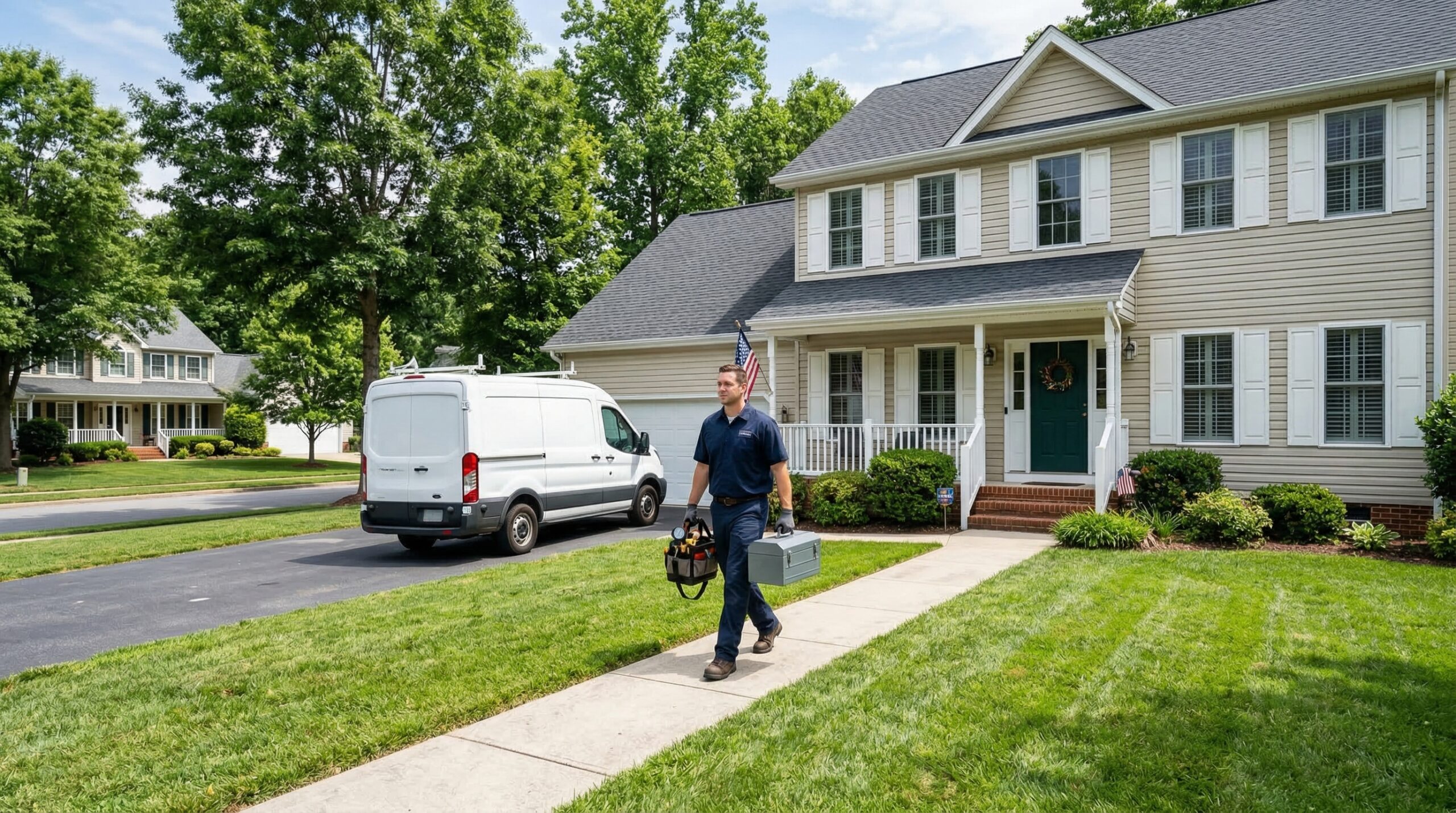 HVAC technician arriving at residential home carrying replacement equipment from service van