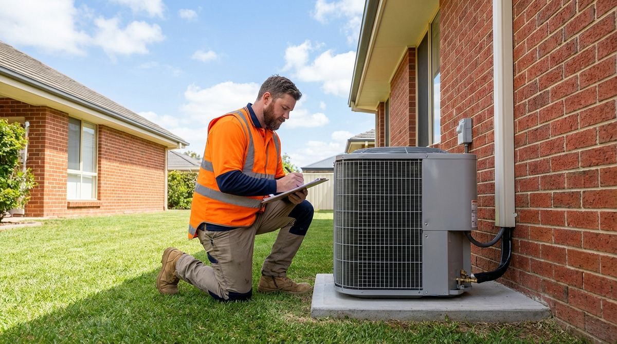 HVAC technician in orange vest kneeling beside new AC condenser unit at American suburban brick home