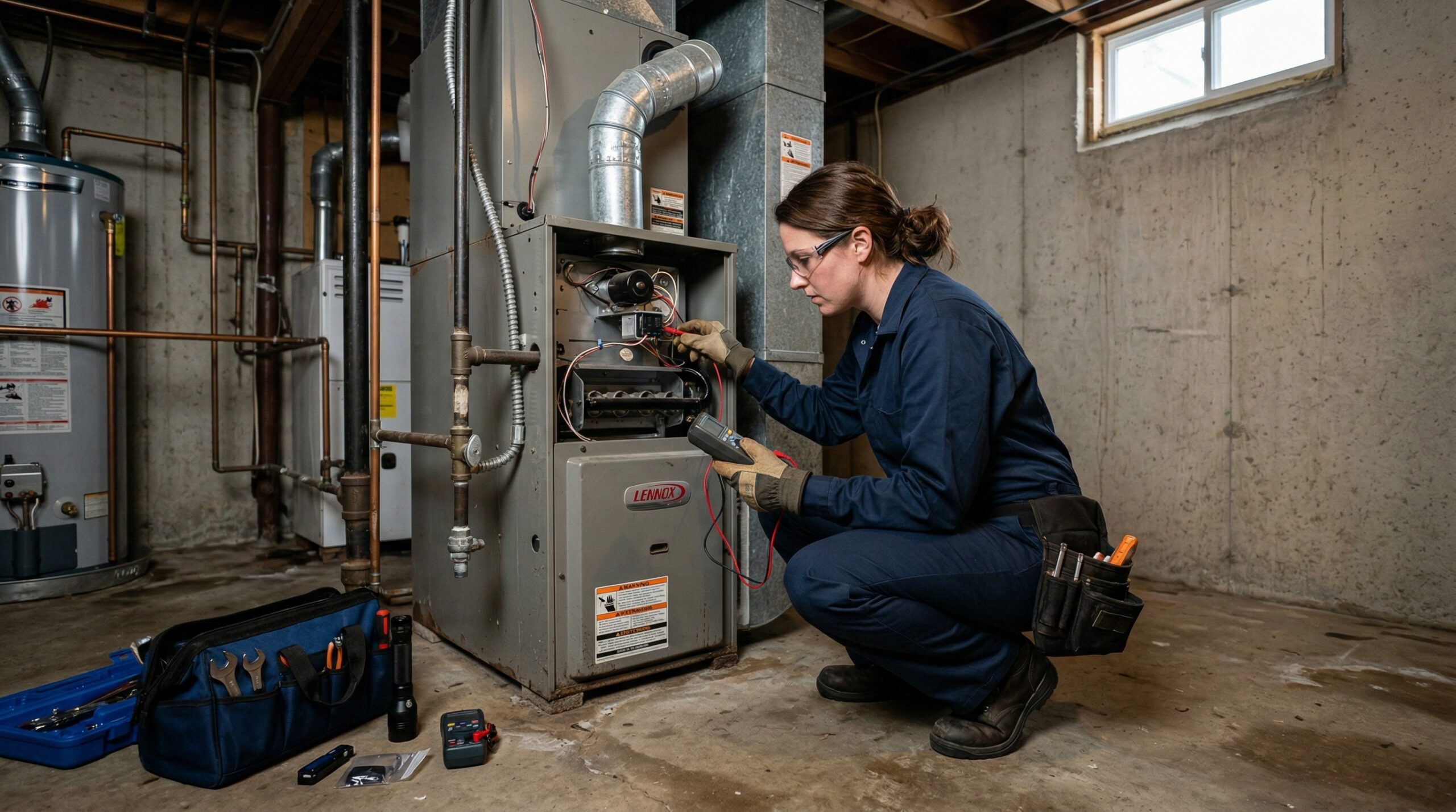 HVAC technician inspecting gas furnace in residential utility room, Michigan home basement or mechanical closet