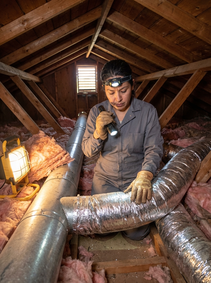 HVAC technician inspecting flexible ductwork connections in residential attic space