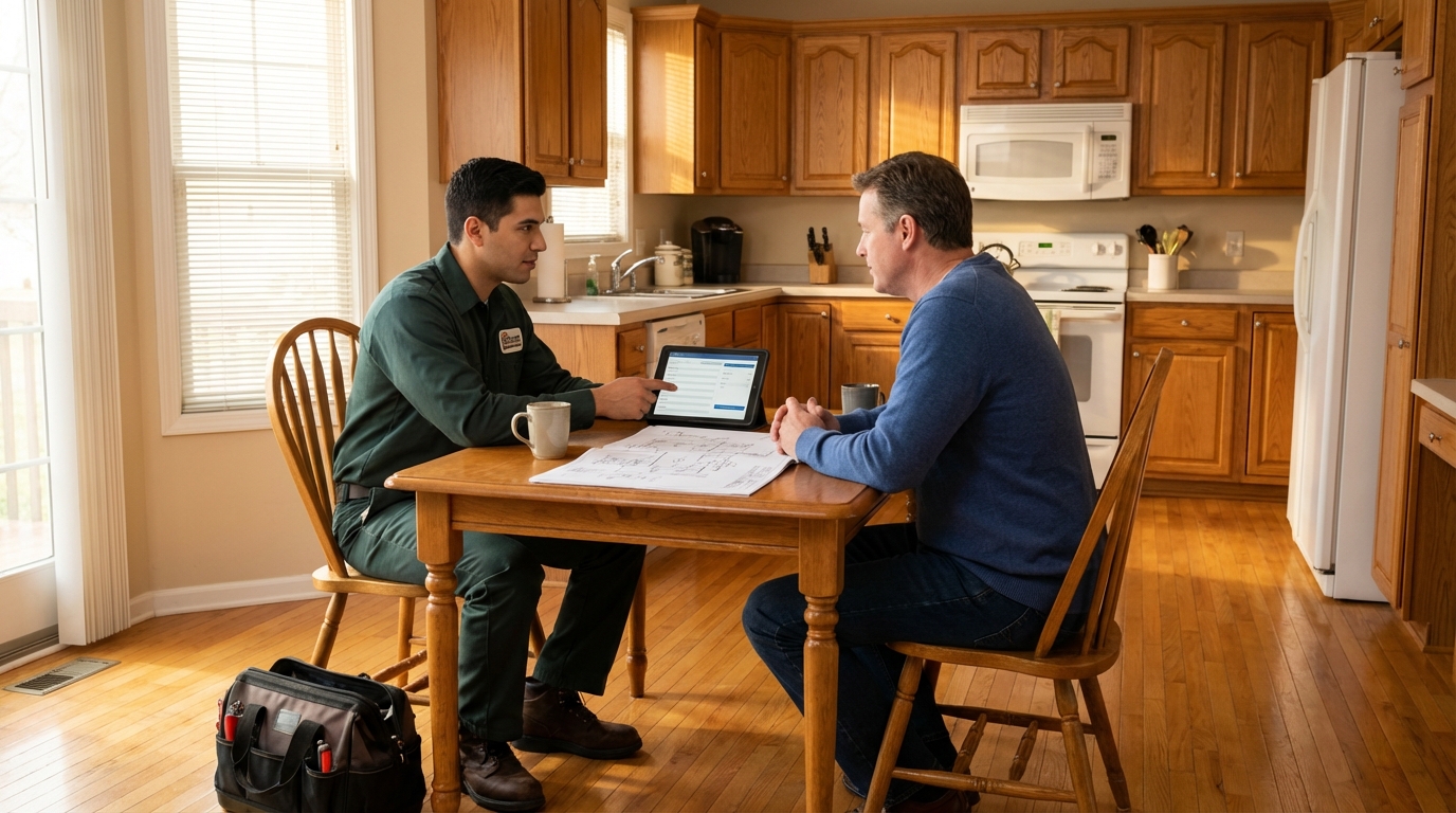 HVAC technician reviewing 2-ton AC replacement estimate with homeowner at kitchen table