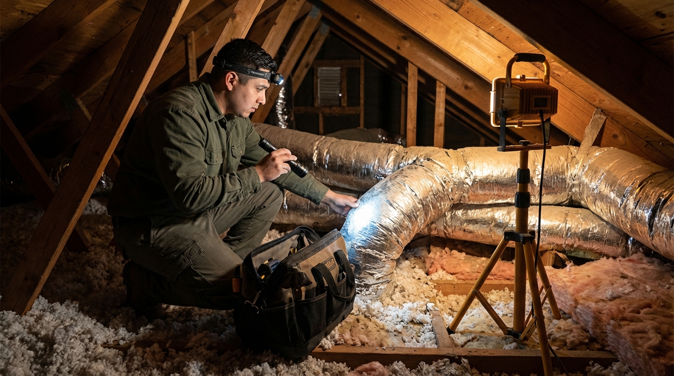HVAC technician inspecting flexible ductwork connections, insulation visible around, work light illuminating duct runs