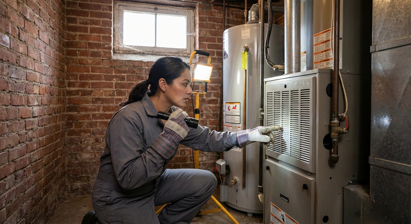 HVAC technician inspecting gas furnace in residential utility room, water heater visible beside the unit