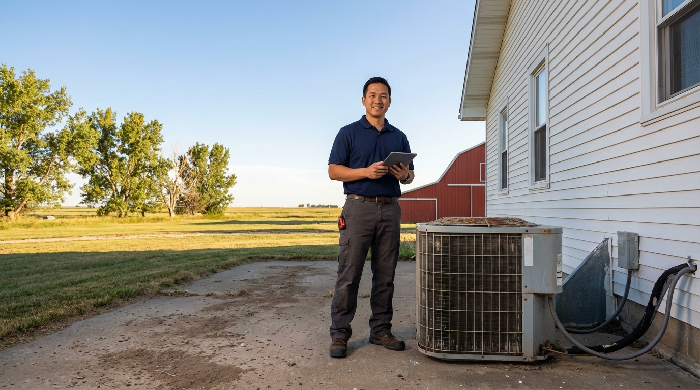 HVAC technician beside an AC condenser at a Nebraska farmhouse with a red barn