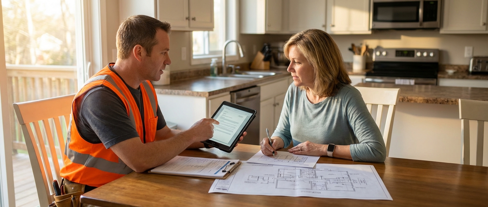 HVAC technician seated across from a homeowner at a kitchen table, reviewing HVAC estimate on tablet