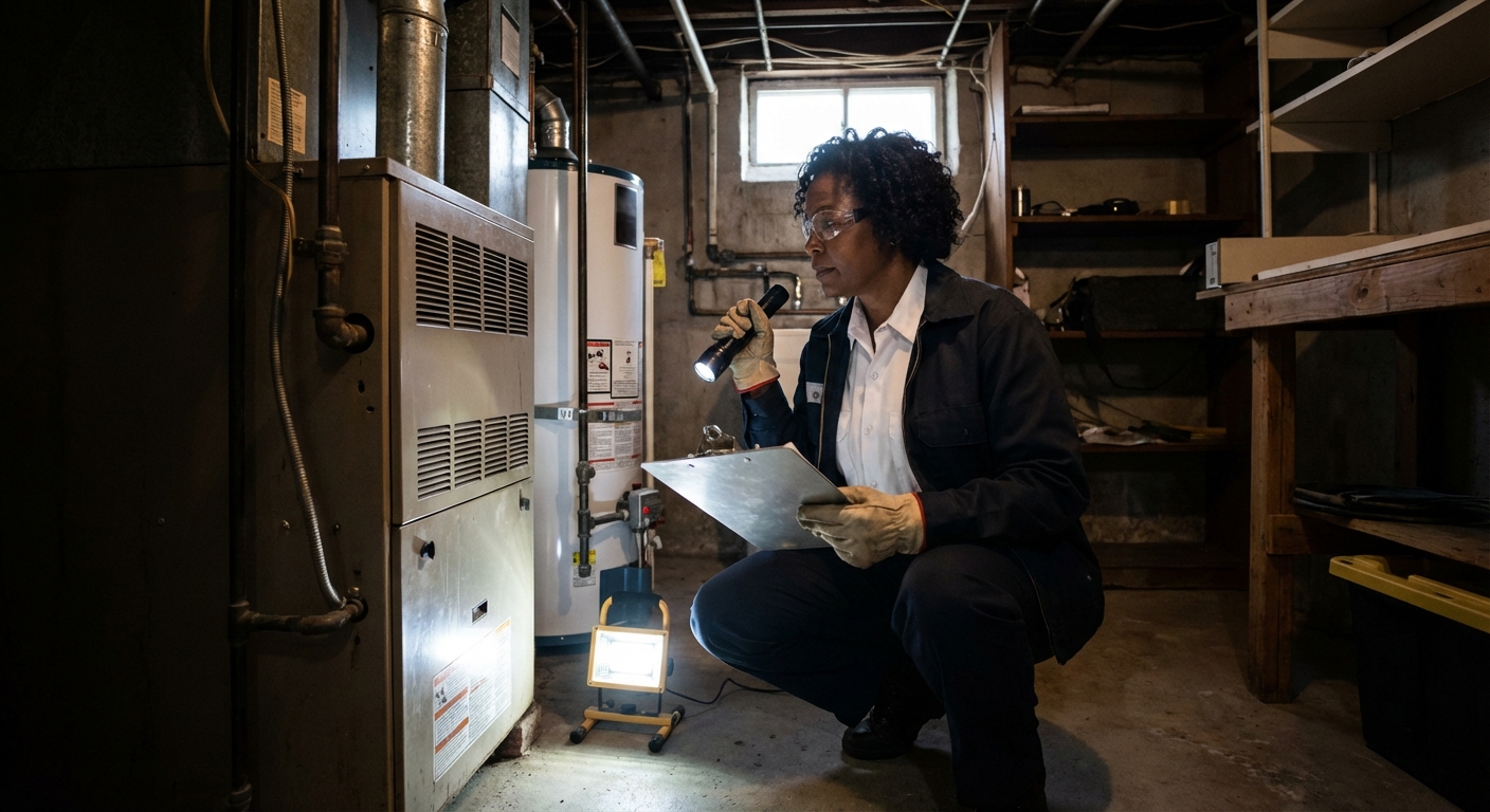HVAC technician inspecting gas furnace in Newark NJ rowhouse basement utility room