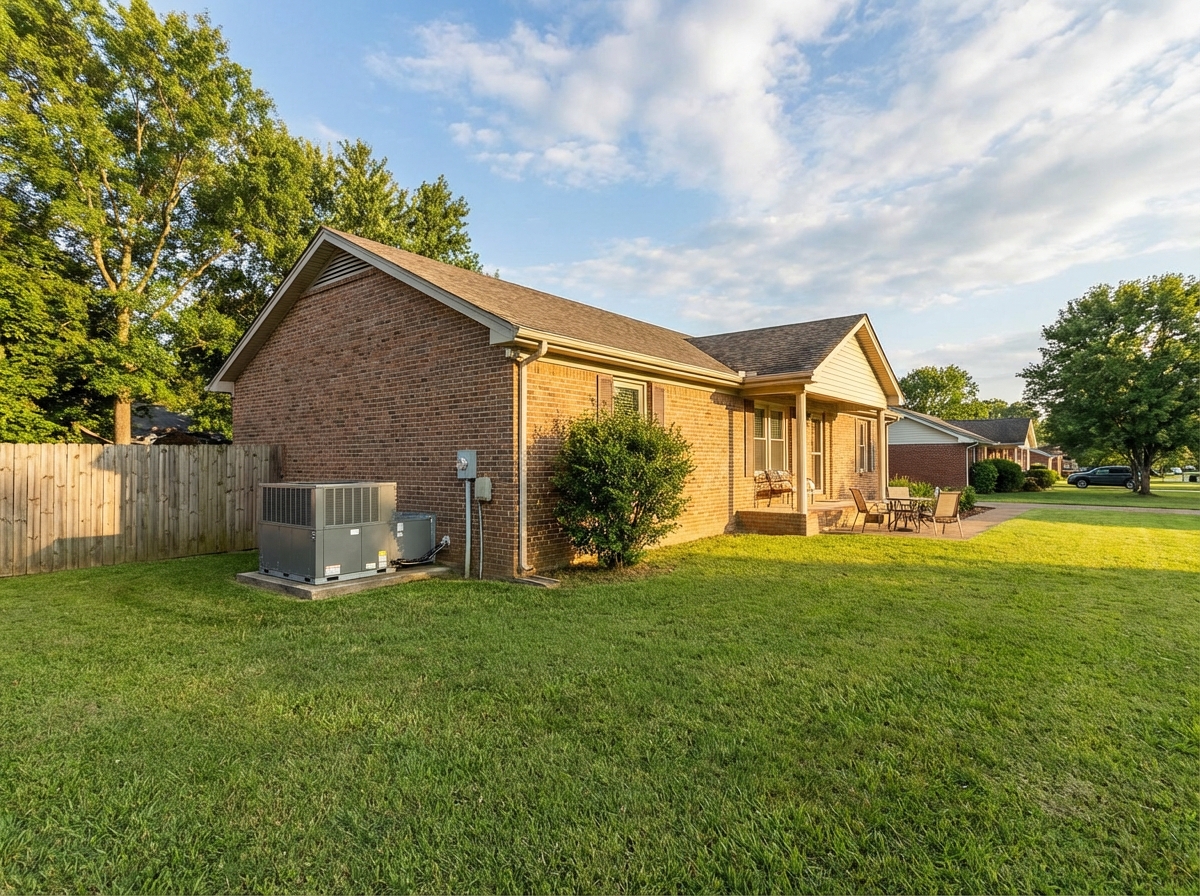 Tennessee brick ranch home with HVAC condenser unit on concrete pad, green lawn