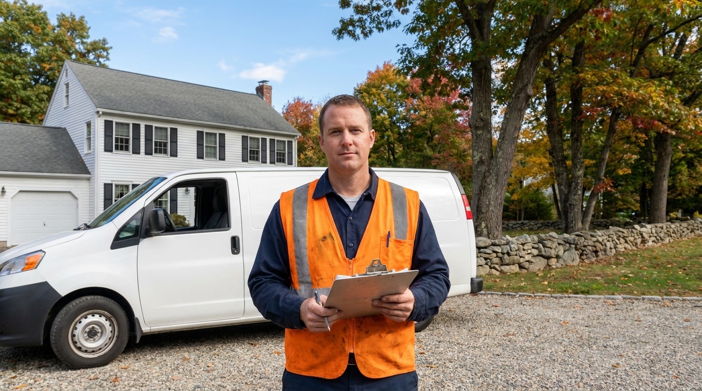 HVAC technician in orange hi-vis vest with clipboard beside white service van in front of white clapboard colonial home with fall foliage, rural New Hampshire