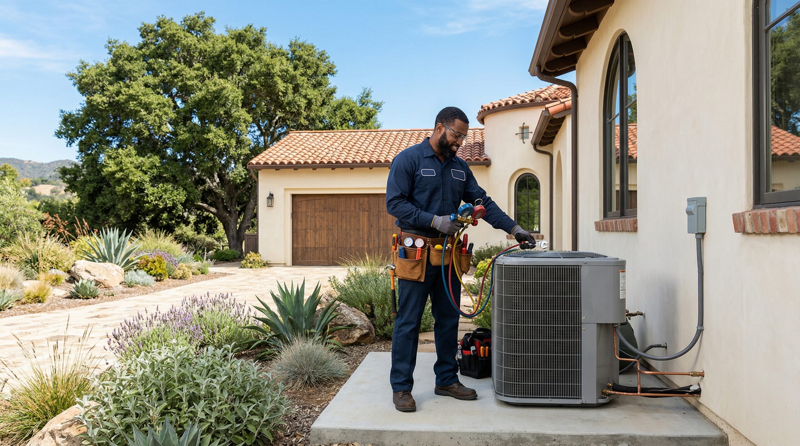 HVAC technician beside condenser unit at California Spanish-style stucco home with red tile roof