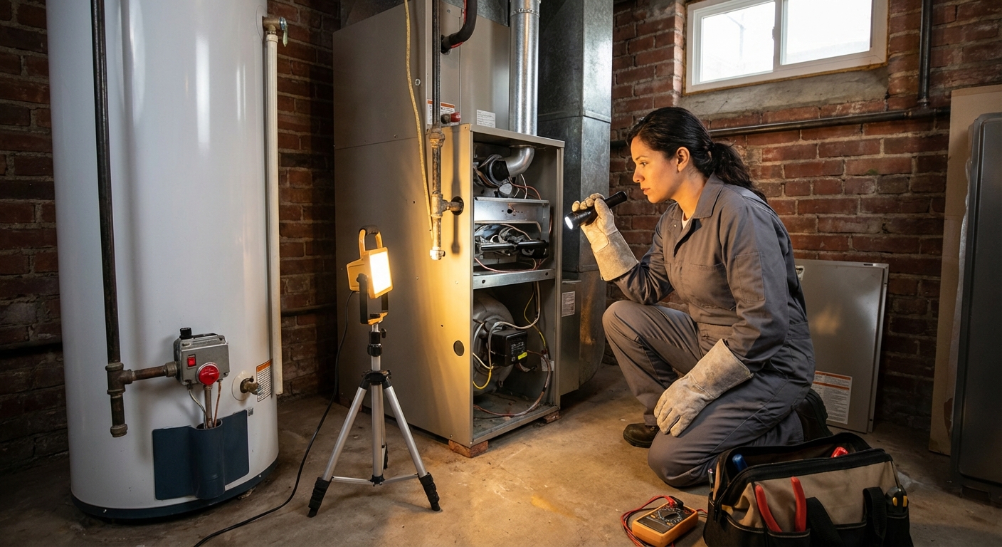 Female HVAC technician inspecting gas furnace in Columbus GA home utility room