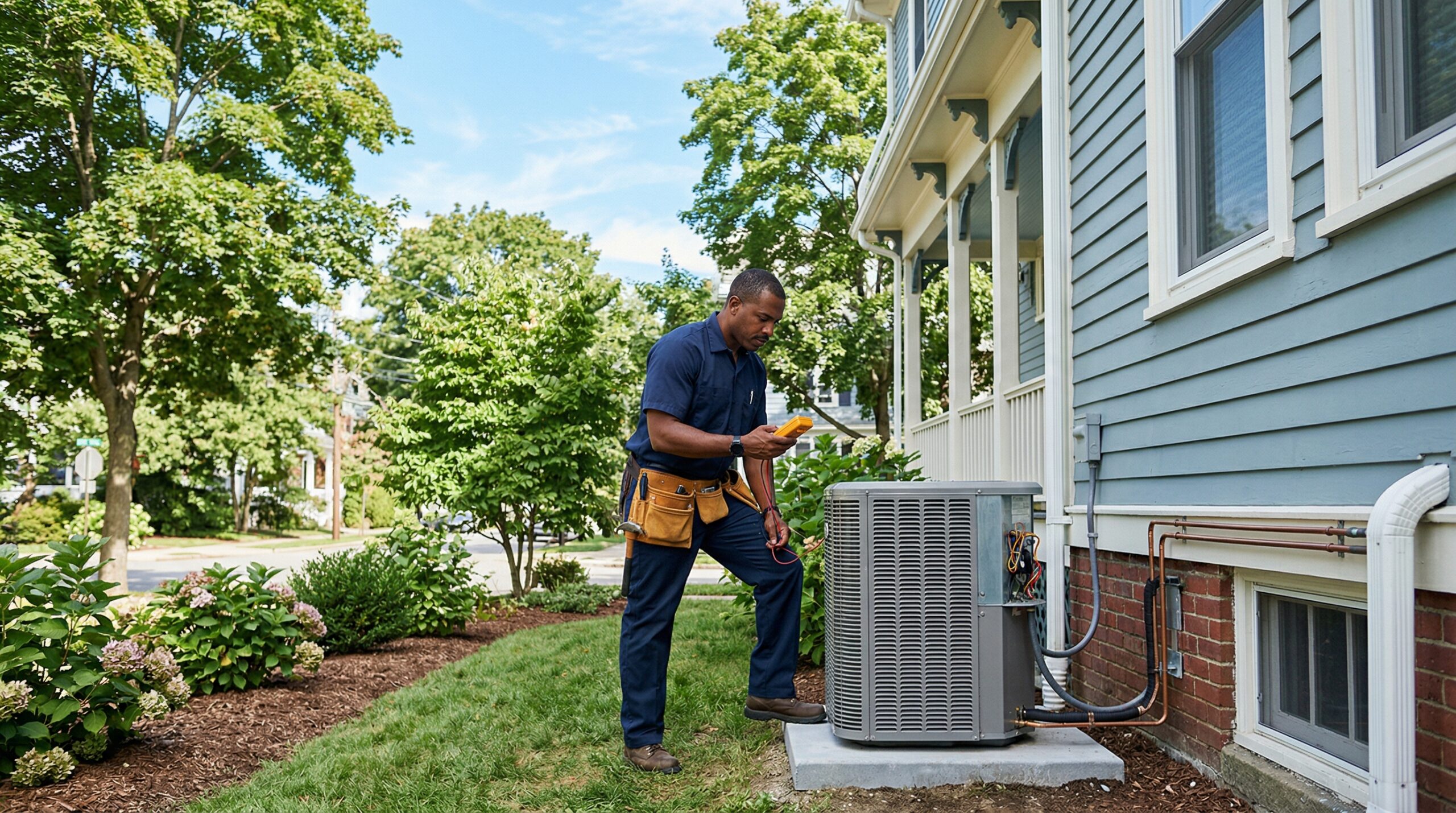 HVAC technician beside a heat pump at a New England colonial brick home in Hartford
