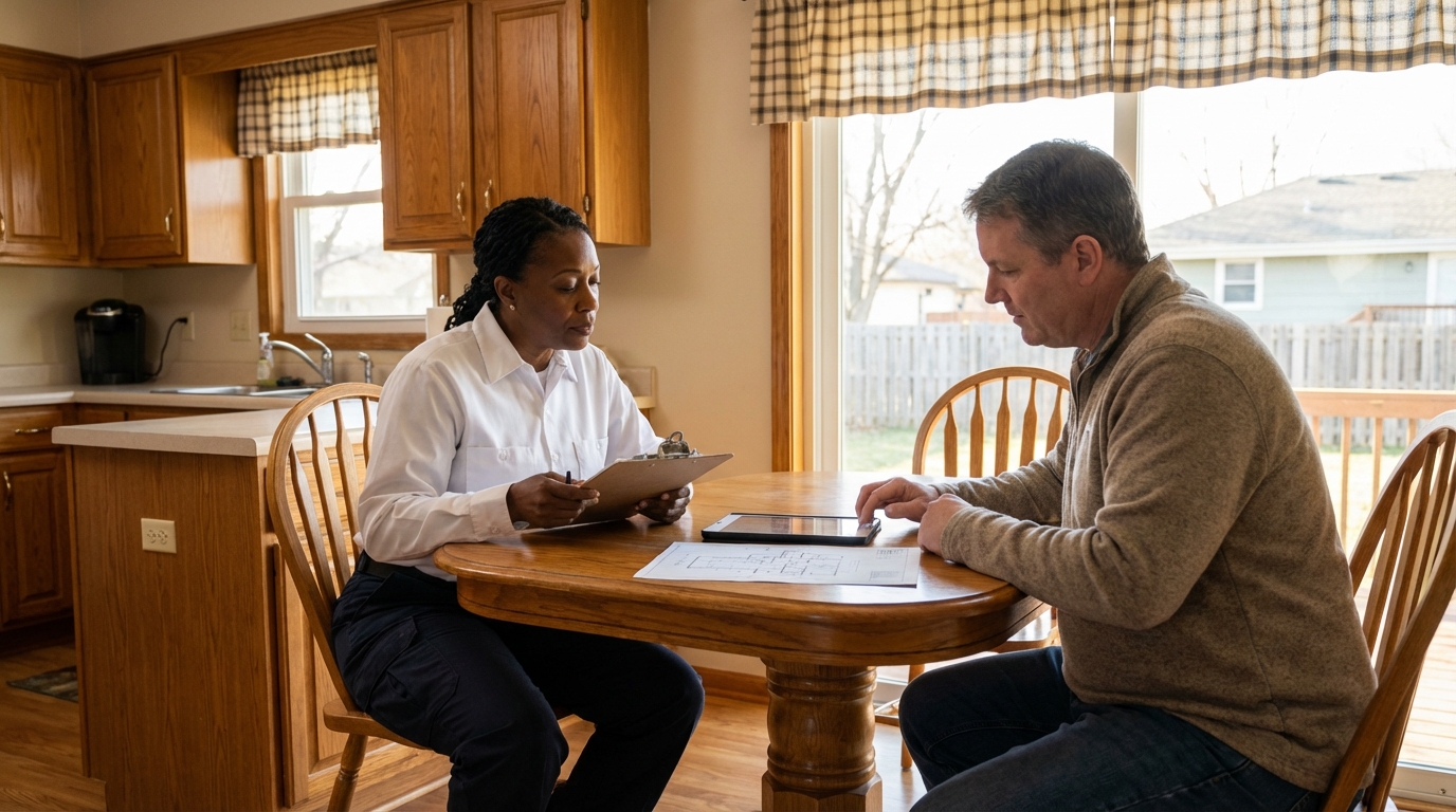 HVAC technician reviewing replacement estimate with homeowner at kitchen table in Kansas suburban home