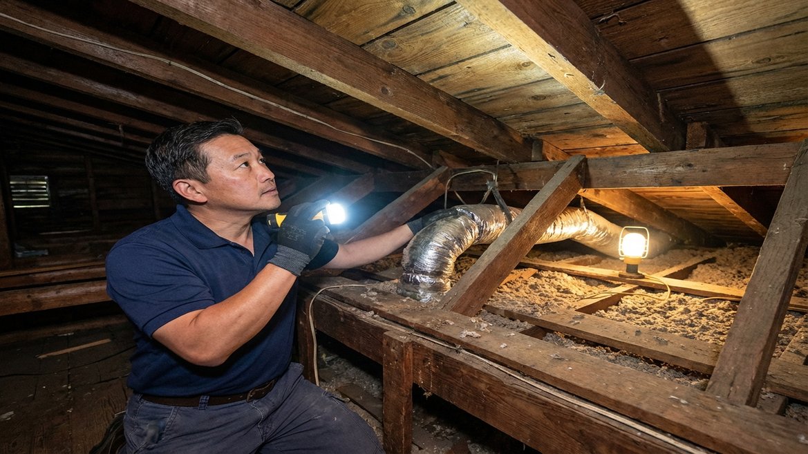 HVAC technician inspecting ductwork in West Virginia Appalachian home attic