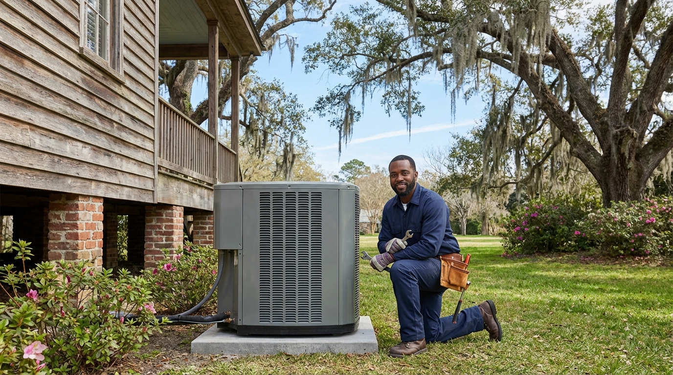 HVAC technician kneeling beside a new AC condenser at a raised Creole cottage with Spanish moss