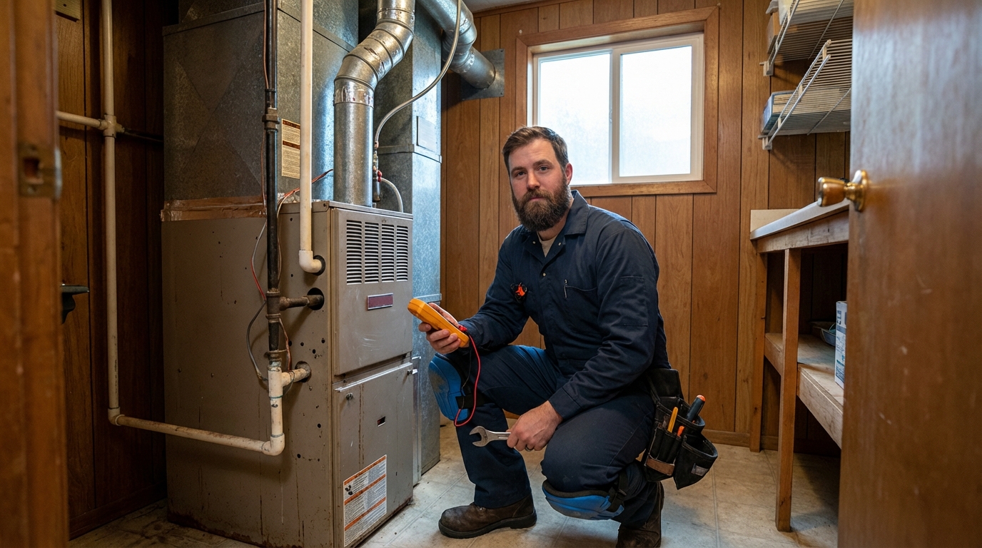 HVAC technician inspecting gas furnace in Portland Oregon residential utility room