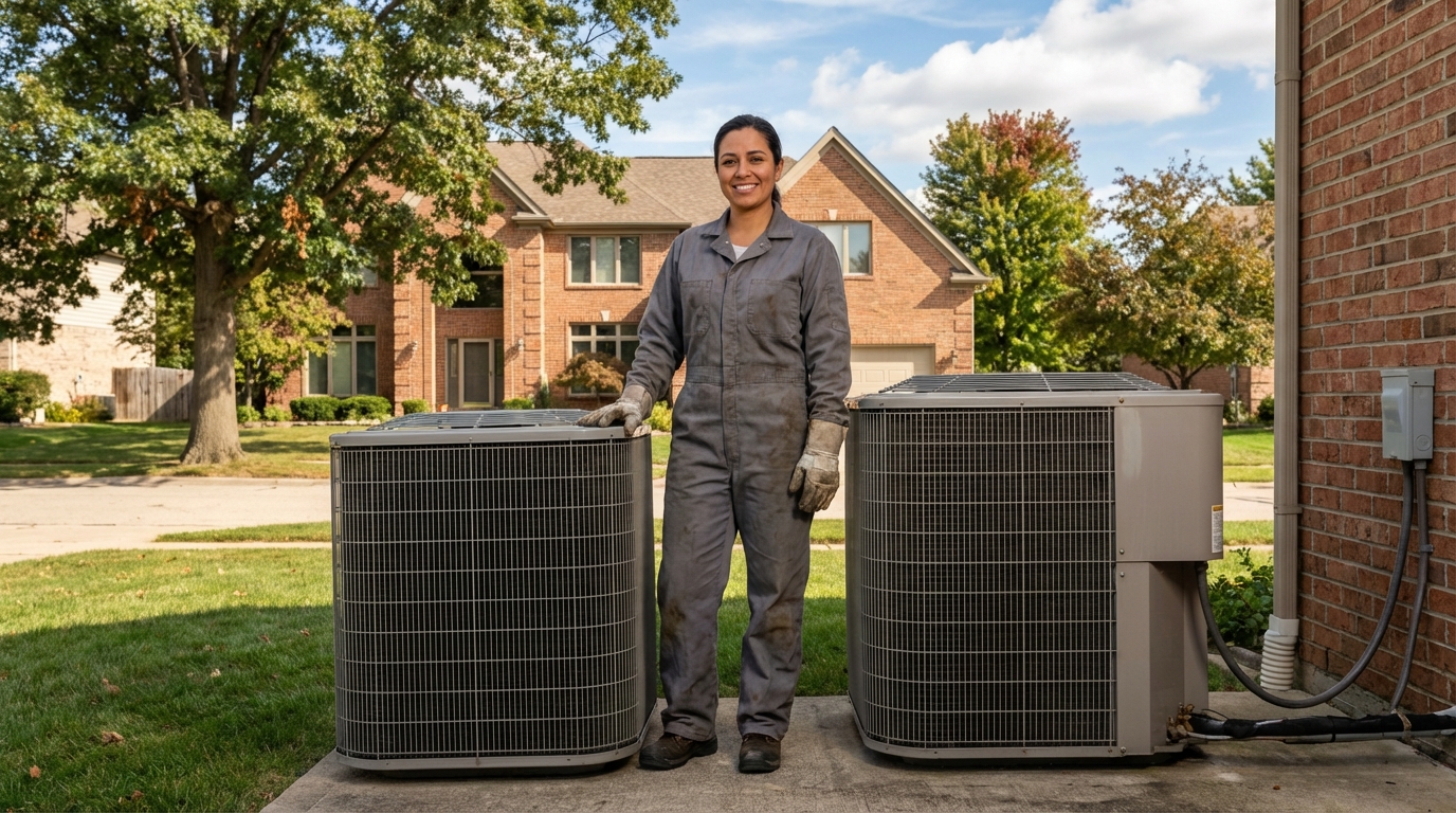 Hispanic female HVAC technician in gray coveralls standing beside AC condenser units at Ohio brick home
